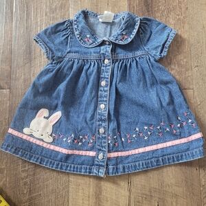 Vtg Floral Embroidered Bunny 100% Cotton Button Up Deniem Dress/t9